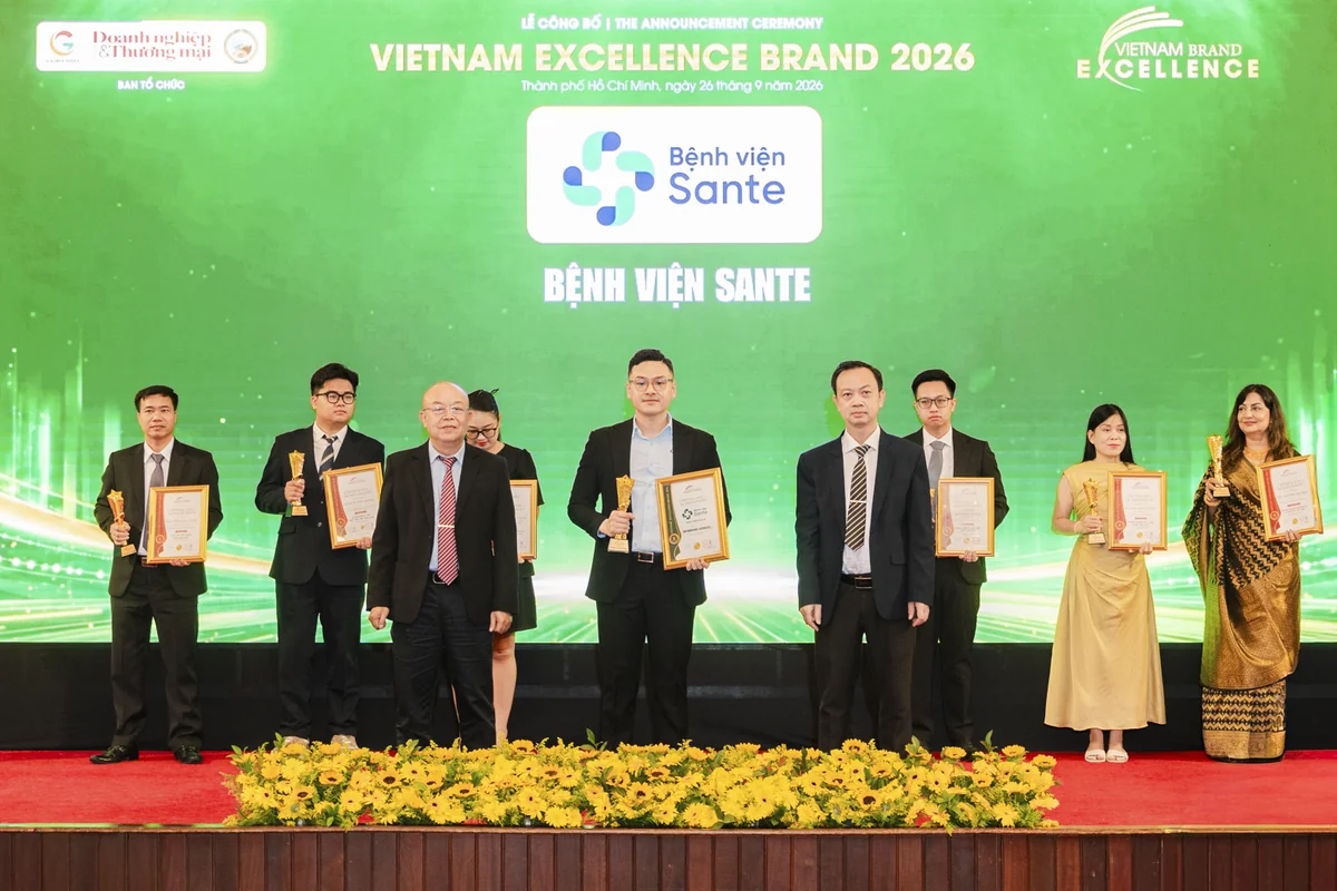 베트남 브랜드 엑설런스 2026(Vietnam Brand Excellence 2026)에서 상테 병원에 수여된 정형외과 서비스 인증서